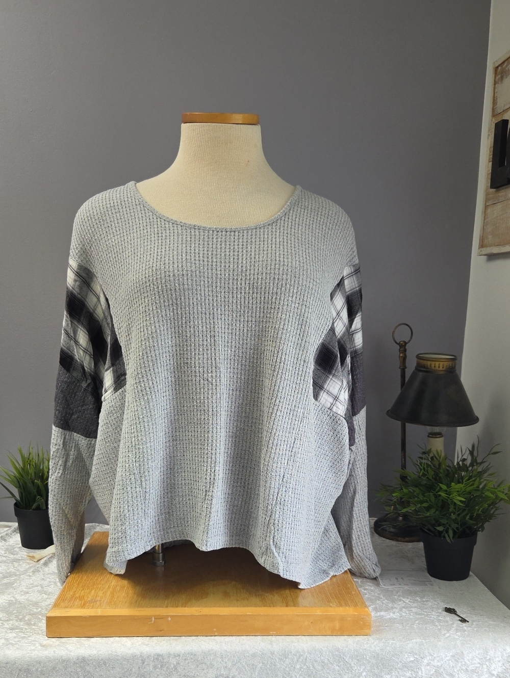 Falls Creek Gray Waffle Knit Top with Plaid Sleeves